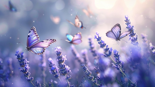 Beautiful lavender field with butterflies in the sunlight