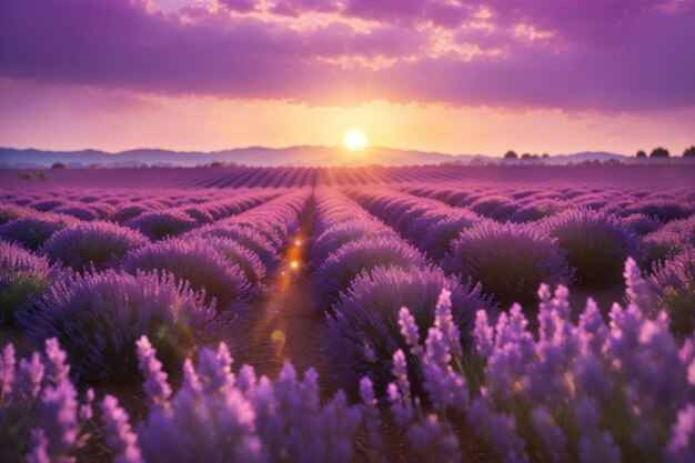 beautiful lavender field with the sunsetting ai generative