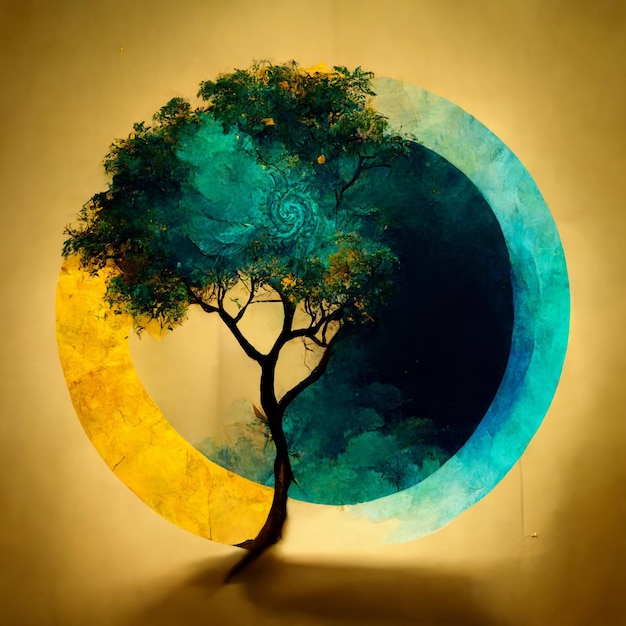 Beautiful leafy tree in circular frame background