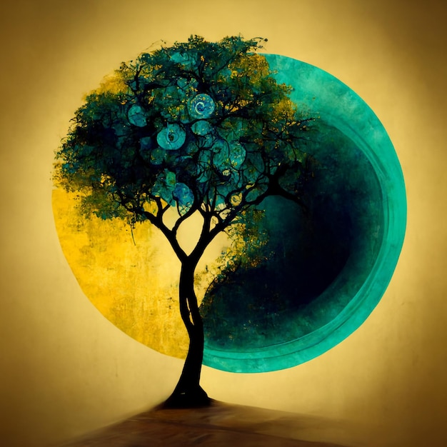 Beautiful leafy tree in circular frame background