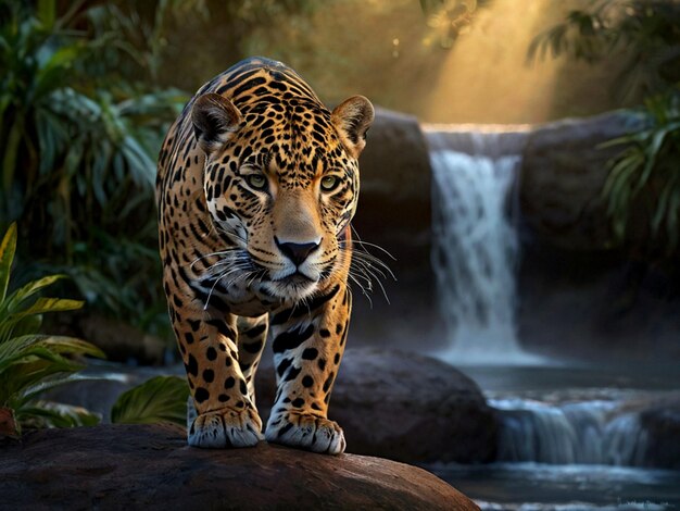 beautiful leopard against the background of a waterfall