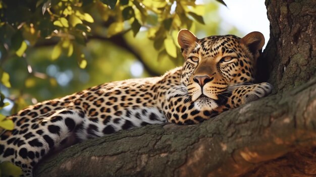 Beautiful leopard resting on top of a tree in Africa Generative Ai