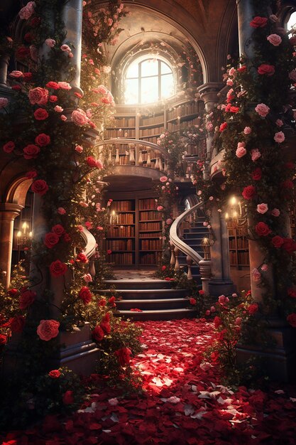 Beautiful library with roses cinematic