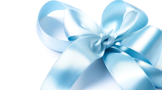 Beautiful light blue ribbon with bow isolated on white background generative ai