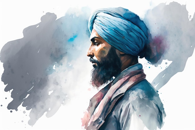 Beautiful light blue Sikh punjabi man watercolor