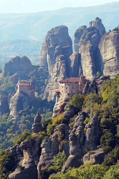 Beautiful light effect at dawn on the rock formations and monasteries of Meteora