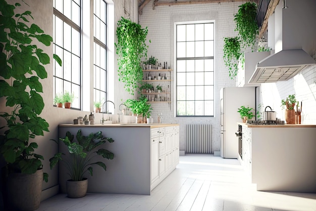 Beautiful light large empty loft kitchen with white cabinets and green plants