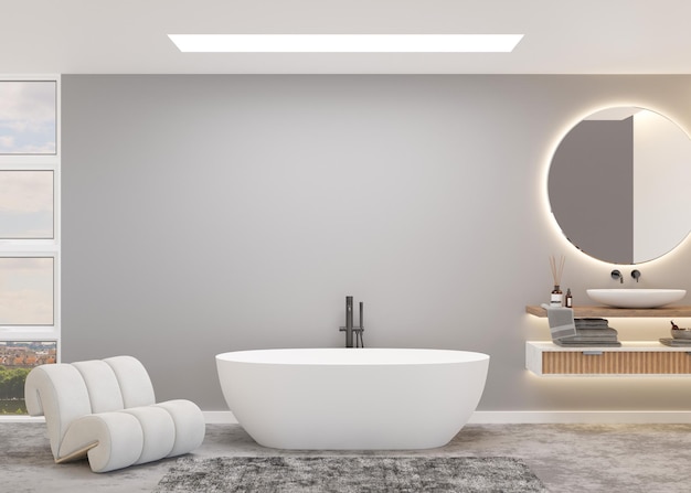 Beautiful light and modern bathroom Big window and city view Bathtub washbasin armchair Home interior in contemporary style Luxury bathroom design Interior design project Hotel 3D render