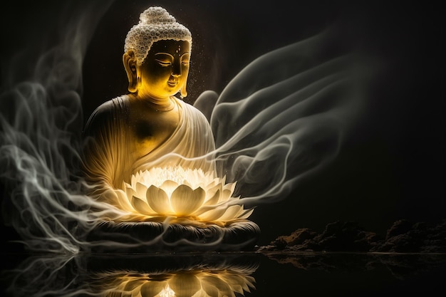 Beautiful light spectrum Buddha39s light flashing Bright red yellow lotus flower burning cloudlike petals surrounded by magic chaos light white smoke falling reflected light water pattern