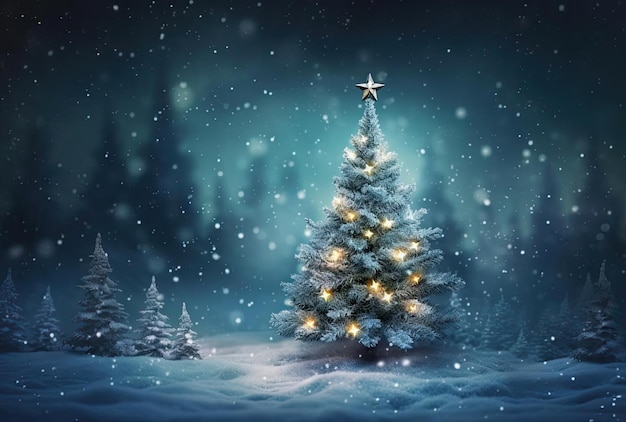 a beautiful lighted christmas tree sits next to snowy forests in the style of dark cyan and azure