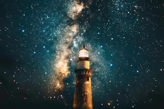 A beautiful lighthouse with a backdrop of a starfilled night sky Ideal for travel and nature concepts