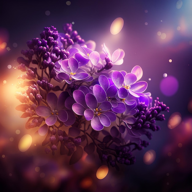 Beautiful lilac in a glass sphere flower among light flares on a dark background. AI Generated Illus