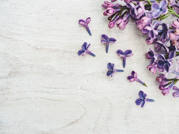 Beautiful lilac lying on a wooden table