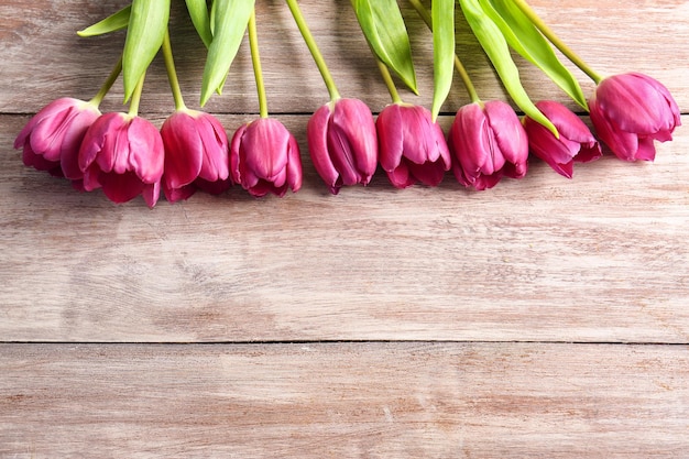 Beautiful lilac tulips on wooden background