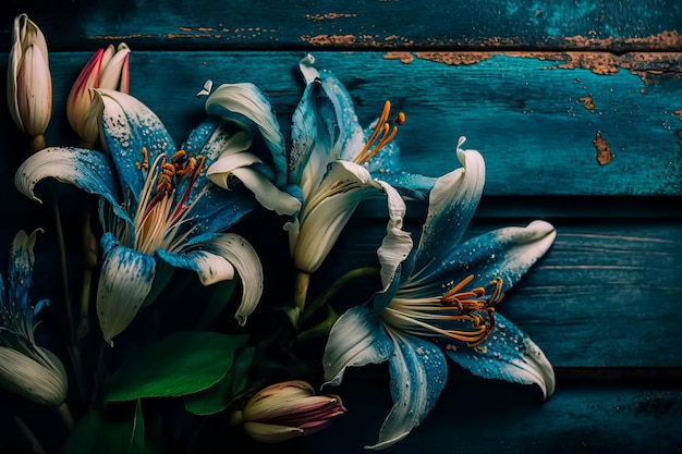 Beautiful lilies on wooden background Generative AI