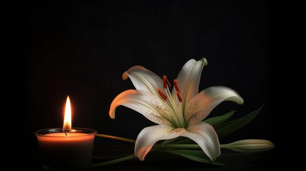 Photo a beautiful lily and burning candle on black background