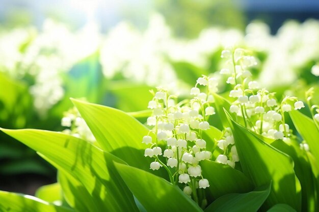 Beautiful lily of the valley flowers on light background