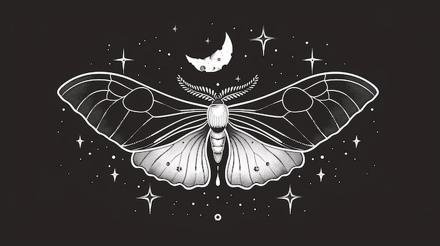 A beautiful line drawing of a Luna moth with a crescent moon above it The moth is surrounded by star