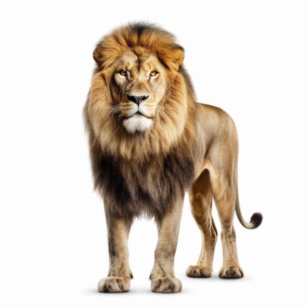 Beautiful lion full length on white background Big cat photo Wild animal predator Generative Ai