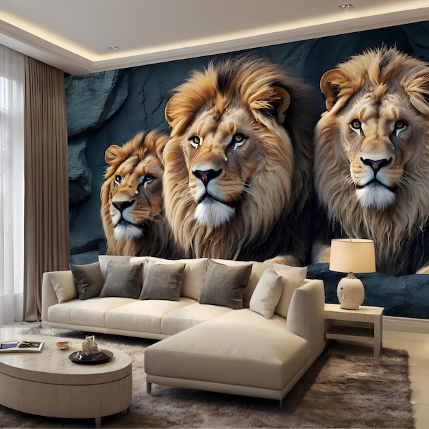 Beautiful lions 3d relief wallpaper Ai generated