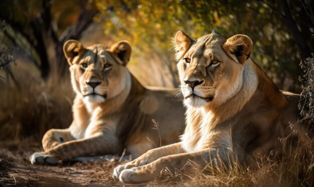 Beautiful lions are resting pride among the grass and trees generative AI