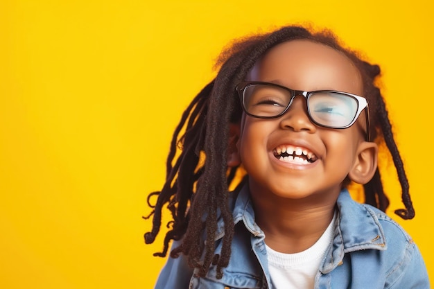 Beautiful little african beauty boy with long hair wearing glasses happy laughing isolated on color empty background