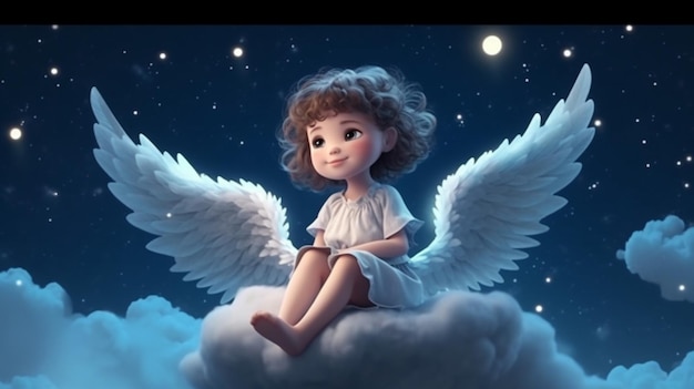 Beautiful little angel with wings in the night sky on the background of the moon Generative AI