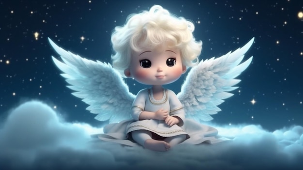 Beautiful little angel with wings in the night sky on the background of the moon Generative AI