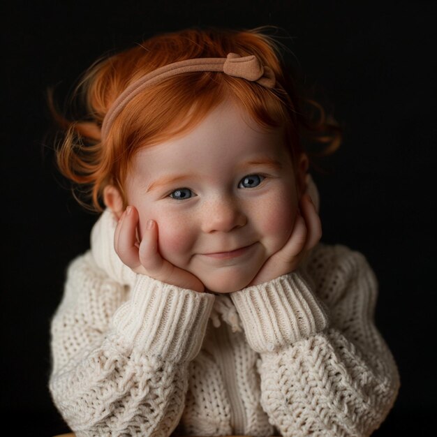 Photo beautiful little baby smiles winking posing touching face with her hands in cute clothing