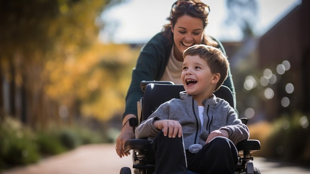 A beautiful little boy with a disability walks in a wheelchair with his mom at sunset A child with disabilities