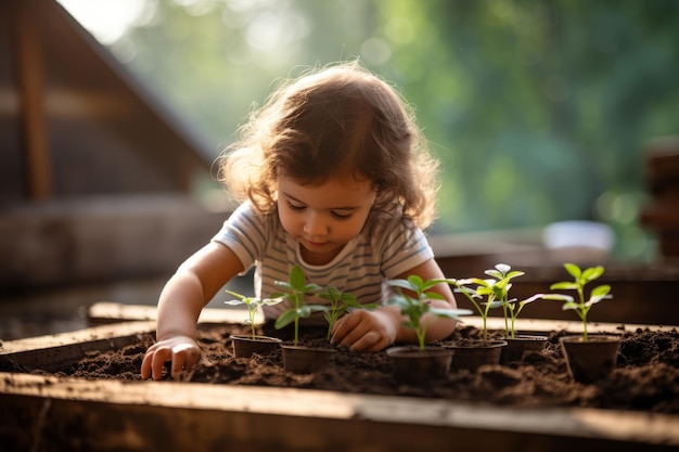 Beautiful little caucasian girl bends over tiny green sprouts in the garden adorable child plants a