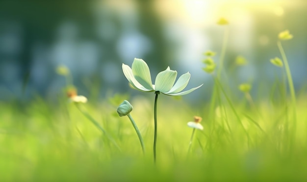 Beautiful Little Flower on Light Green Blur Background Generative Ai