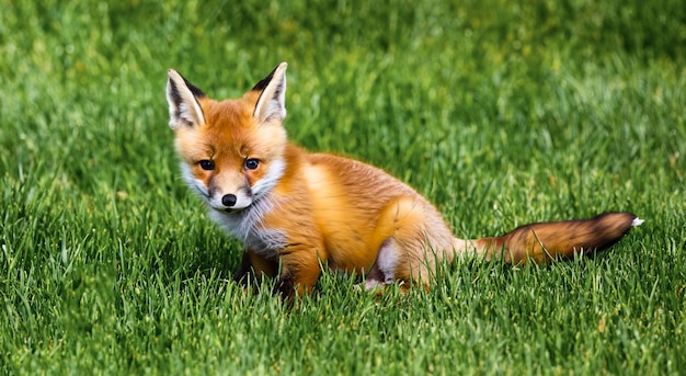 beautiful little fox baby in the middle of the grass