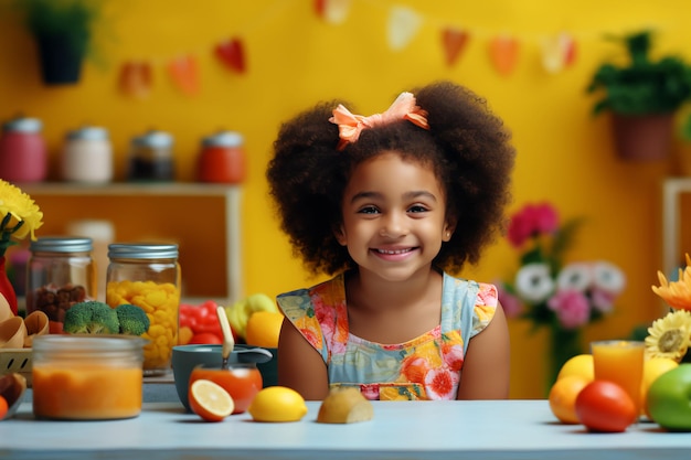 Beautiful little girl cooking in the kitchen summer banner