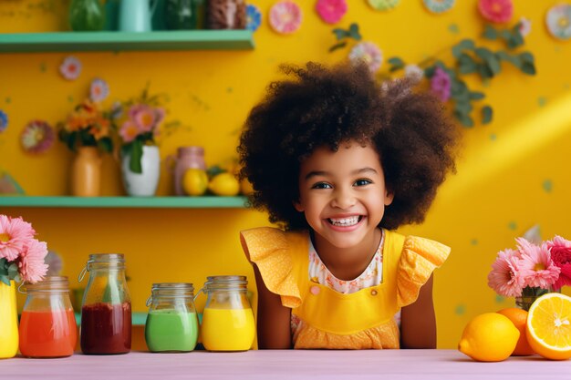 Beautiful little girl cooking in the kitchen summer banner