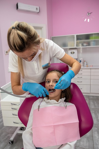 Beautiful little girl opening her mouth wide during dental treatment at a womans dentist