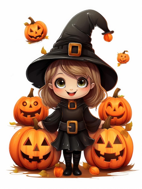 Beautiful little girl in witch costume with pumpkins on white background