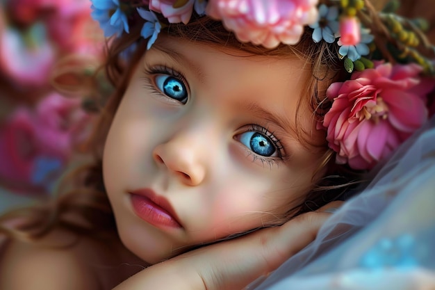 Beautiful little girl with blue eyes wearing flower crown posing for photographer