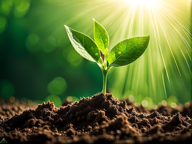 A beautiful little green plant coming out of the earth from the soil