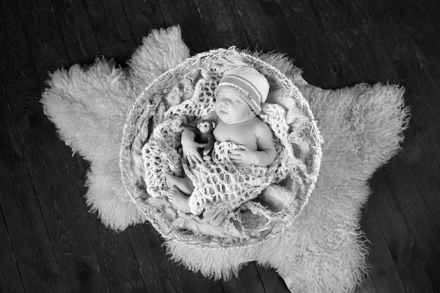 Beautiful little newborn boy 20 days sleeps in a basket Portrait of pretty newborn boy