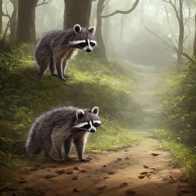 Beautiful little raccoon is walking in a magical forest Cute fluffy raccoon 3d illustration