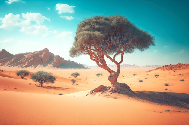 Beautiful living lonely tree in hot desert surrounded by sand and low cliffs