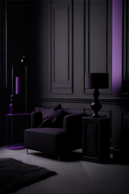 beautiful living room in black and purpple with luxurious furniture