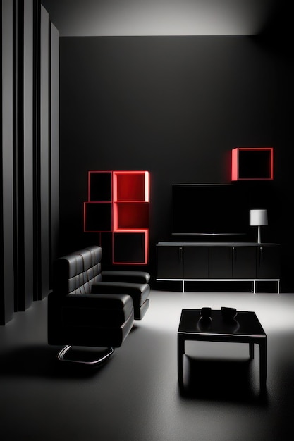 beautiful living room in black and red with luxurious furniture