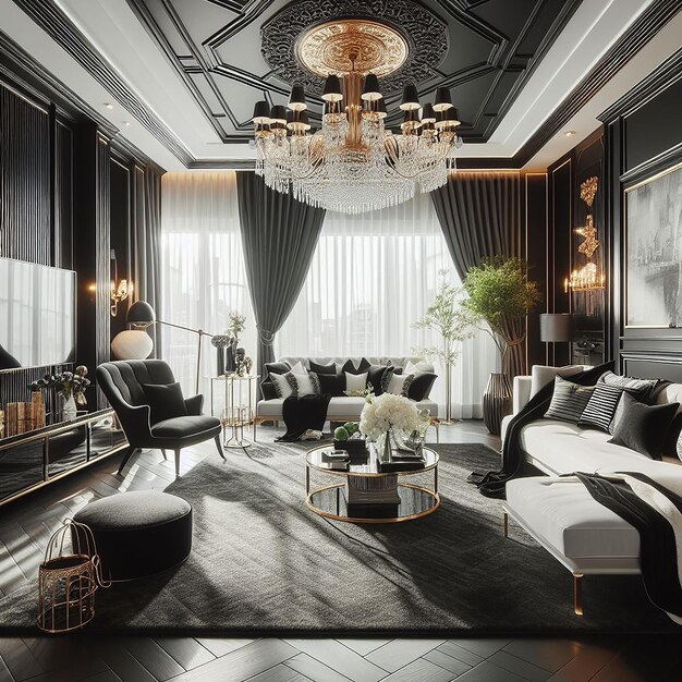 Beautiful living room black white with luxurious furniture