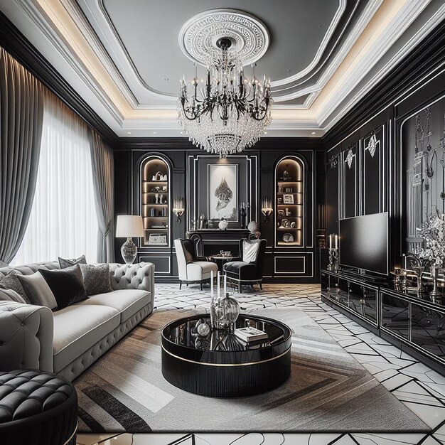 Beautiful living room black white with luxurious furniture