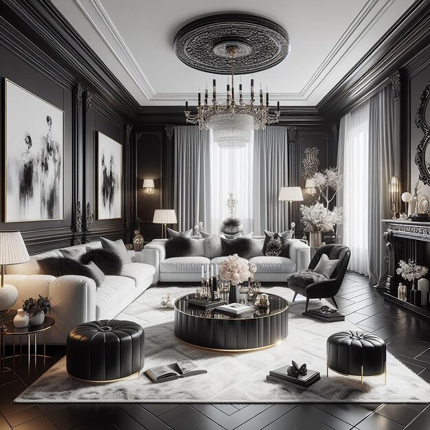 Beautiful living room black white with luxurious furniture