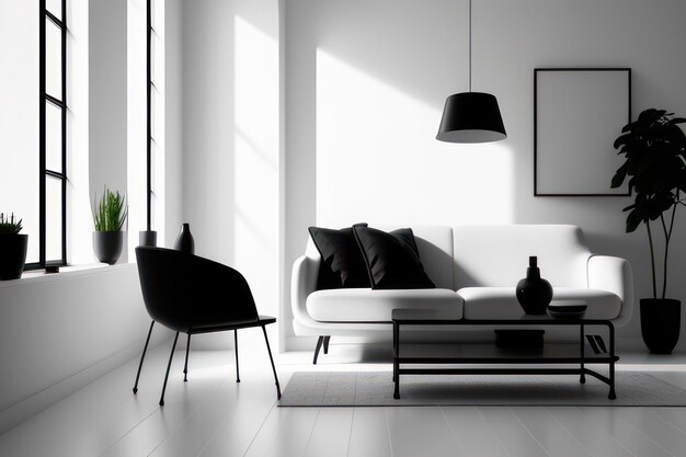 beautiful living room in black and white with luxurious furniture