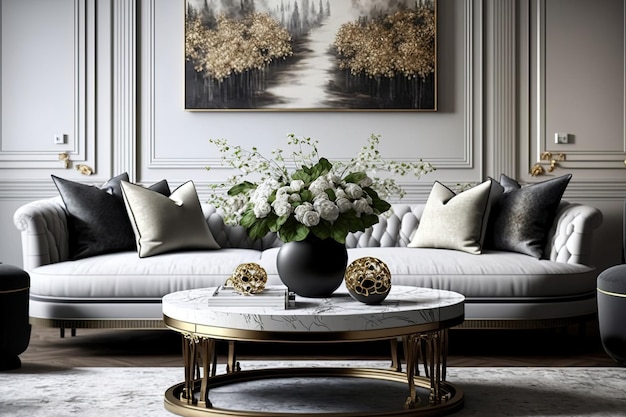 Beautiful living room decor with a fashionable round coffee table in the center