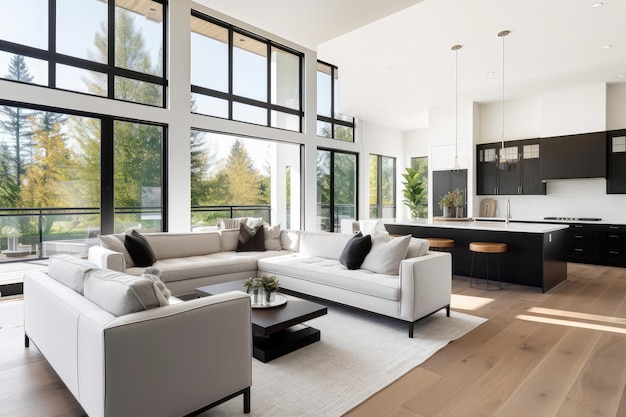 Beautiful living room interior in new luxury home with open concept floor plan AI